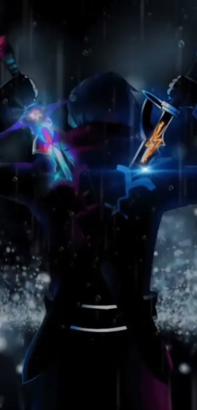 Neon warrior holding glowing swords in the rain.