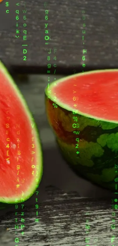 Neon watermelon with digital code design wallpaper.