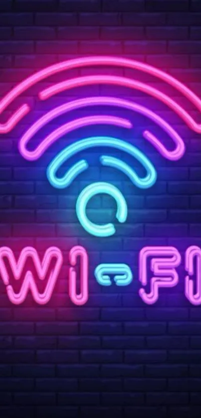 Colorful neon Wi-Fi sign on brick wall.