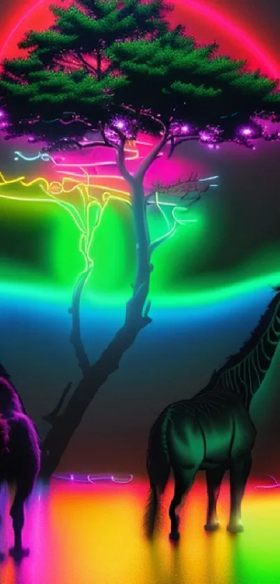 Neon art with giraffes and tree under vibrant sunset glow.