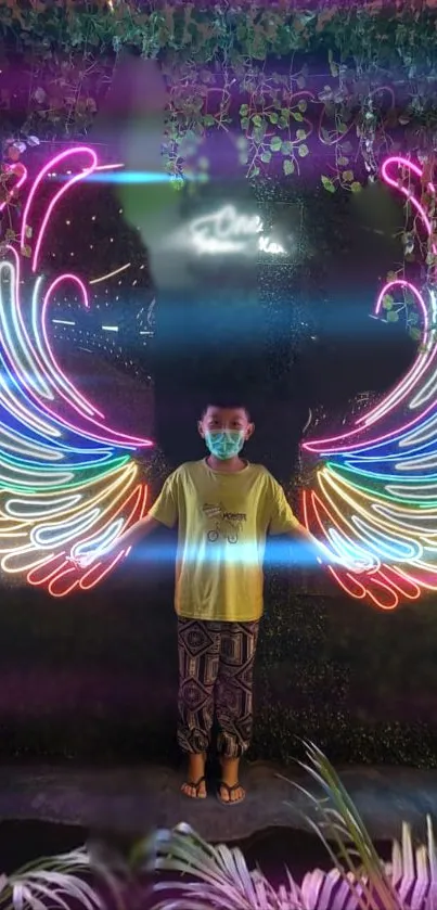 Colorful neon wings behind a child, bringing vibrancy and creativity to mobile screens.