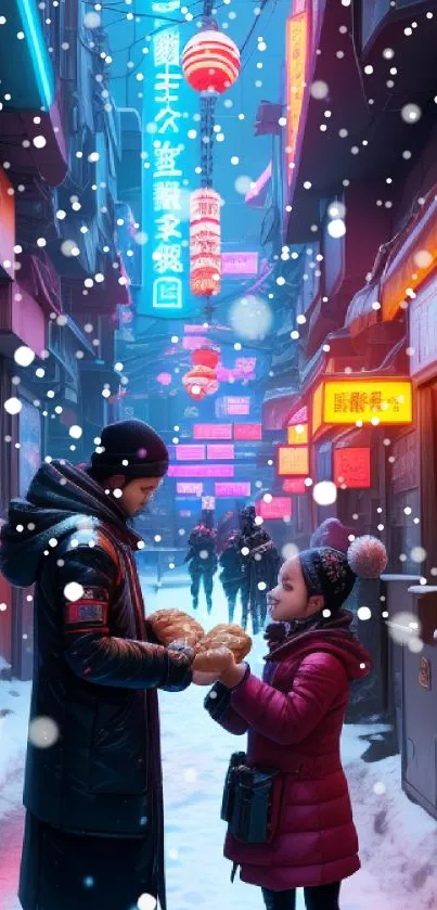 Vibrant neon-lit snowy alleyway scene with two people enjoying winter.