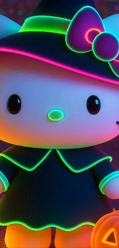 Neon-themed witch cat with pumpkins
