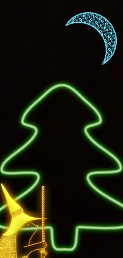 Neon witch with glowing tree and moon on black background.