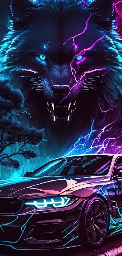 Neon wolf and car artwork with electric colors and wild energy.