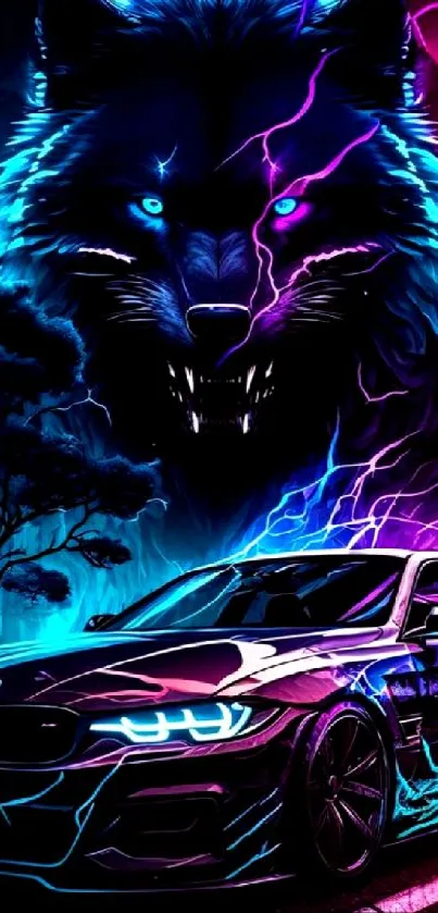 Neon wolf and sports car art wallpaper with electric blue and purple hues.