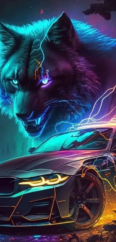 Neon wolf and futuristic car with vivid colors.