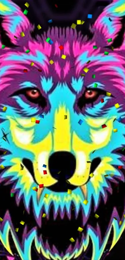 Neon wolf head with confetti in vibrant colors.