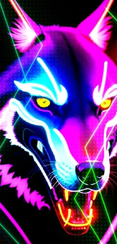 Neon wolf artwork with vibrant colors glowing against a dark background.