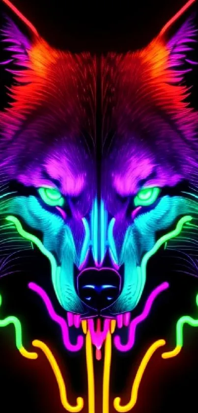 Neon wolf artwork with vibrant colors and intricate design as mobile wallpaper.