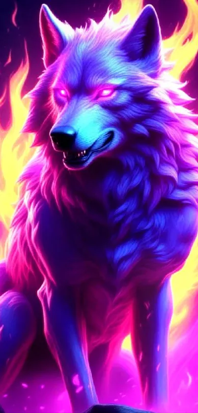 A vibrant wolf with neon flames against a dark backdrop.