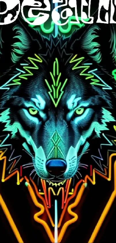 Neon wolf art with vibrant colors and bold text 'Death' on black background.