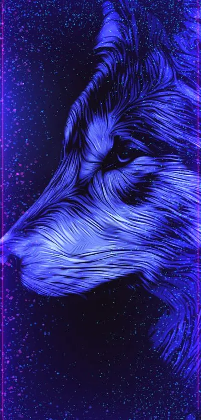 Neon wolf art with blue and purple hues on a digital wallpaper.