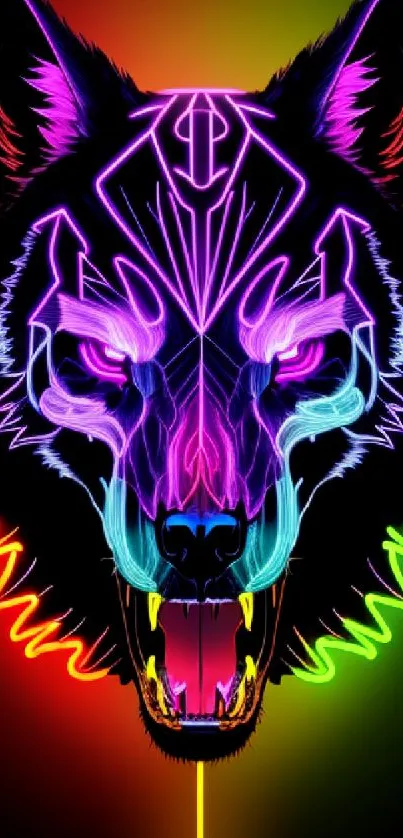 Neon wolf head with vibrant colors and intricate design.