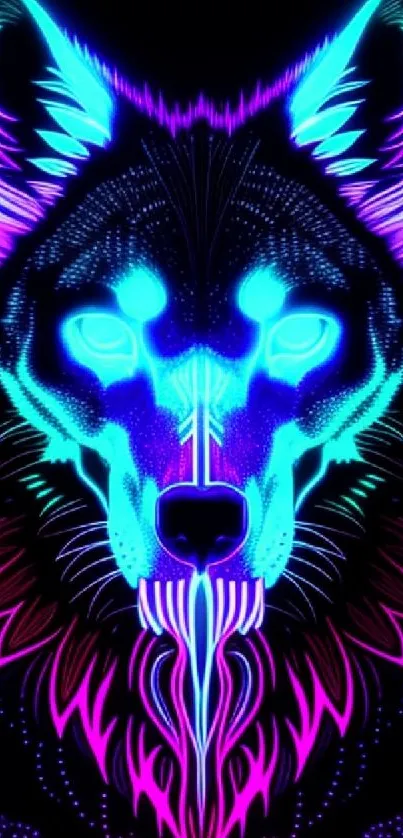 Neon wolf art wallpaper in blue and pink hues, ideal for mobile displays.