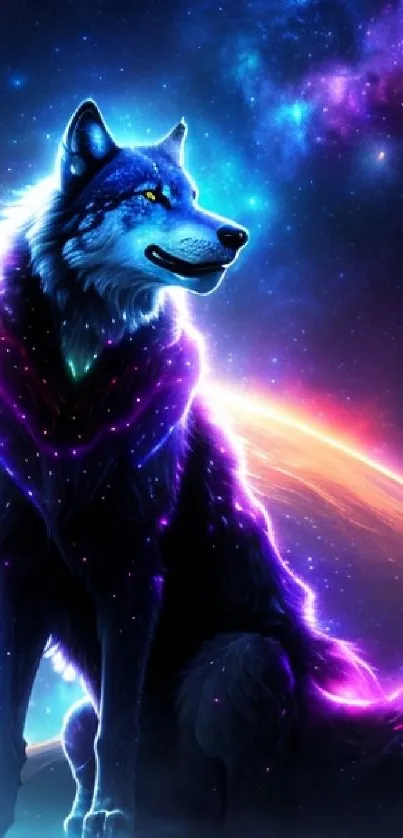 Neon wolf against a cosmic galaxy backdrop with vibrant colors.
