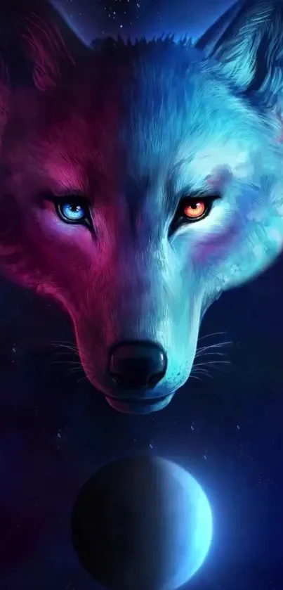 Neon wolf face with cosmic background and vibrant colors, perfect for phone wallpaper.