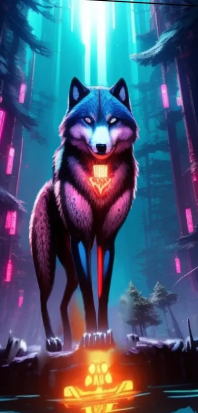 Neon wolf stands in cyberpunk forest with vibrant lights.