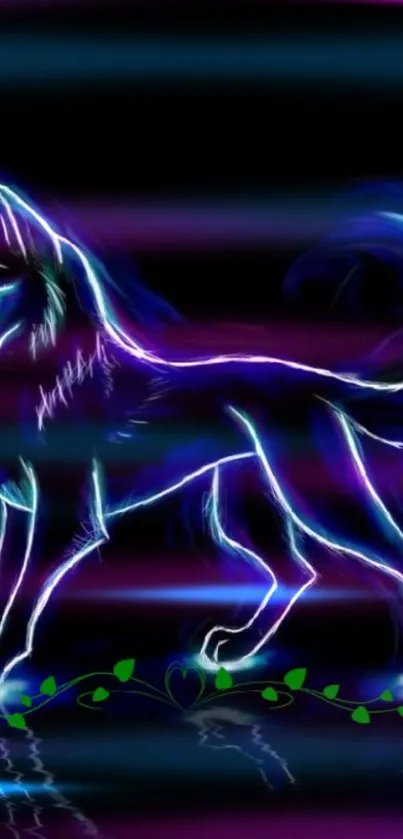 Neon wolf illustration in vibrant blues and purples on a digital background.