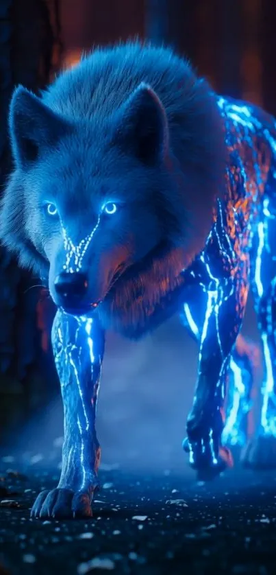 Futuristic neon wolf glowing in a mystical forest.