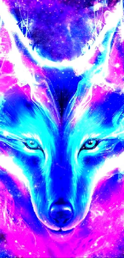 A neon wolf in a purple and blue galaxy setting with cosmic energy.