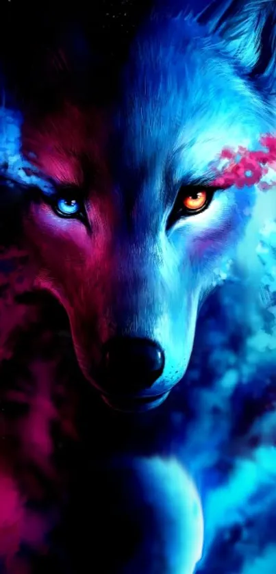 Neon wolf amidst a colorful galaxy with electric blue hues.