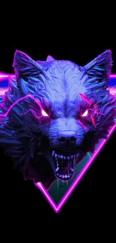 Vibrant neon wolf head with purple glow against dark background.