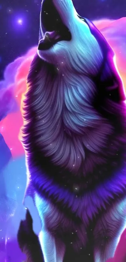 Neon wolf howling against vibrant cosmic backdrop.