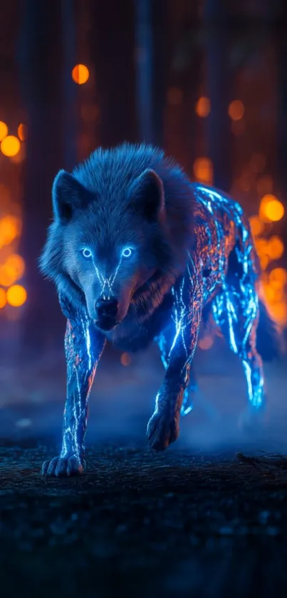 Neon wolf glowing in a dark enchanted forest.
