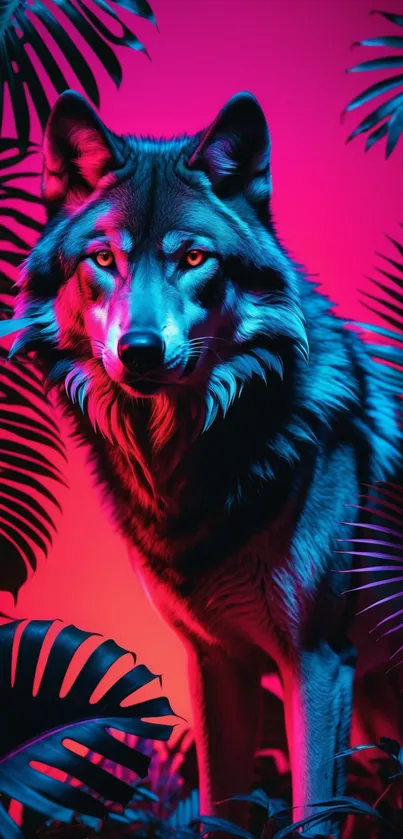 Neon wolf amidst lush tropical leaves in vibrant colors.