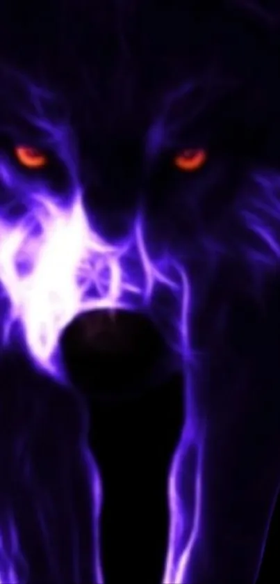 Neon wolf with glowing purple fur and dark background.