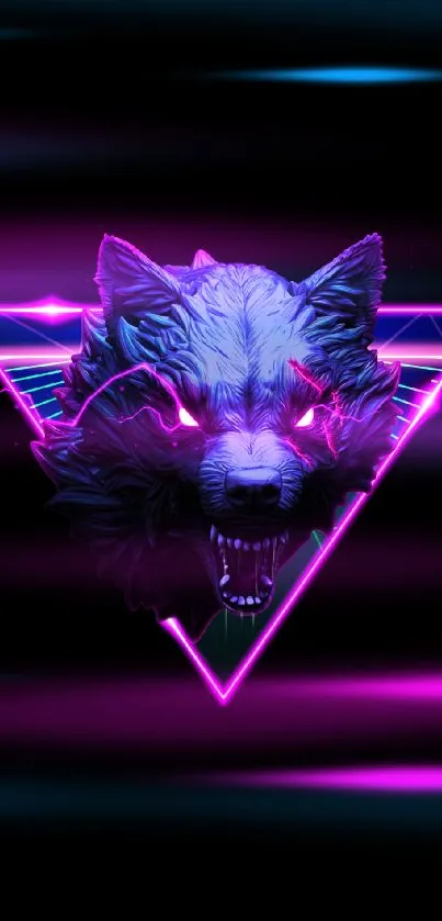 Vibrant neon wolf mobile wallpaper with glowing pink and purple on black background.