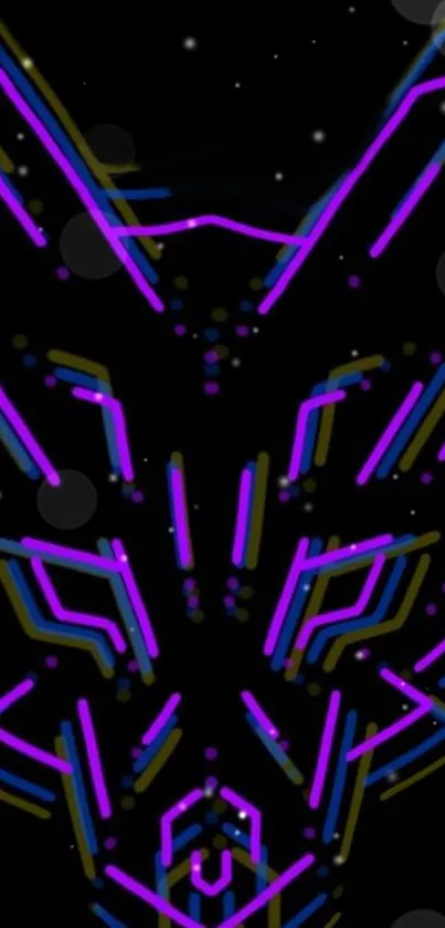 Neon wolf design with purple and blue lines on a black background.