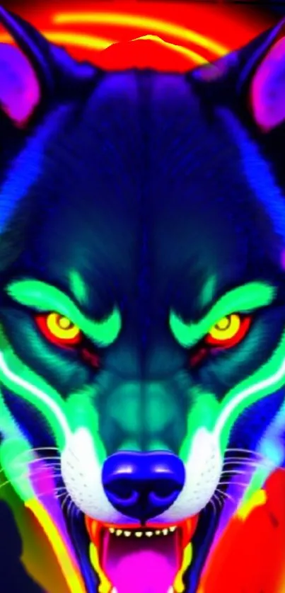 Vibrant neon wolf design for mobile wallpaper with striking colors.