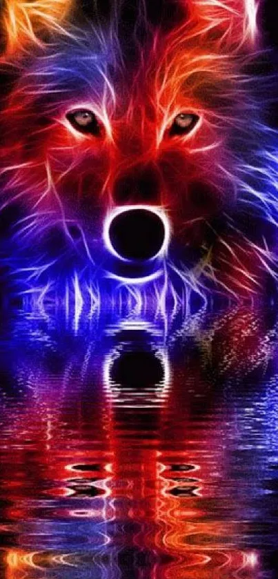 Neon wolf reflected in water with red and blue glowing lines.