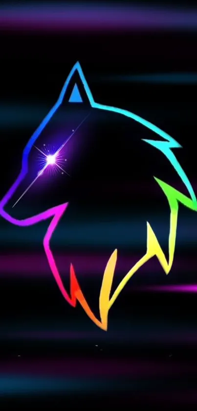 Neon wolf silhouette with rainbow colors on a black background wallpaper.