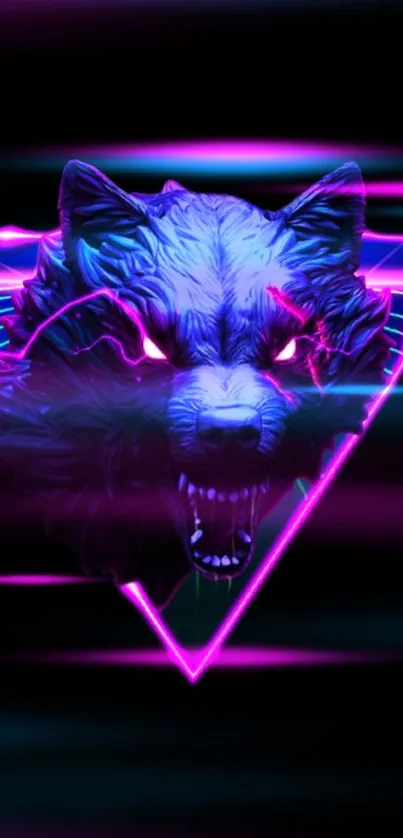 Neon wolf head with glowing triangular background.