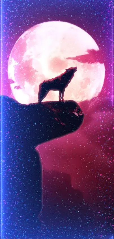 Neon wolf howling under a vivid full moon.