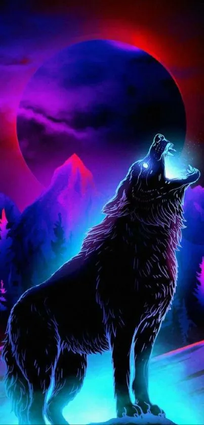 Neon wolf howling under a vibrant and colorful moonlit sky.