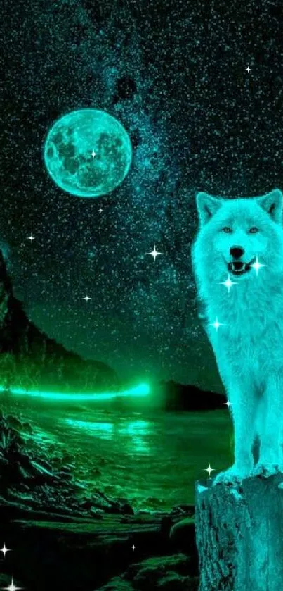 Neon wolf standing under a glowing starry sky with a bright moon.