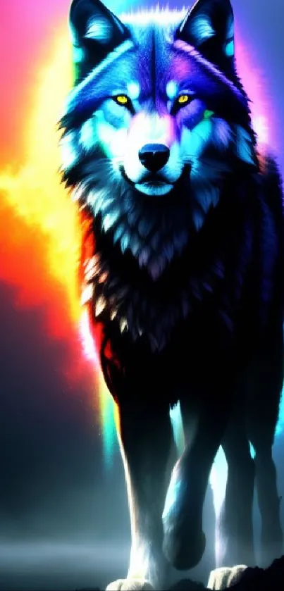 Vibrant neon wolf with colorful aura in digital artwork wallpaper.