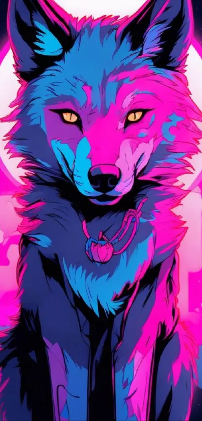 Neon wolf art with glowing eyes in pink and blue hues, futuristic wallpaper.