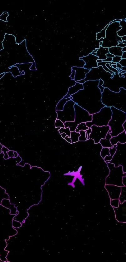 Neon map wallpaper with pink airplane on black background.