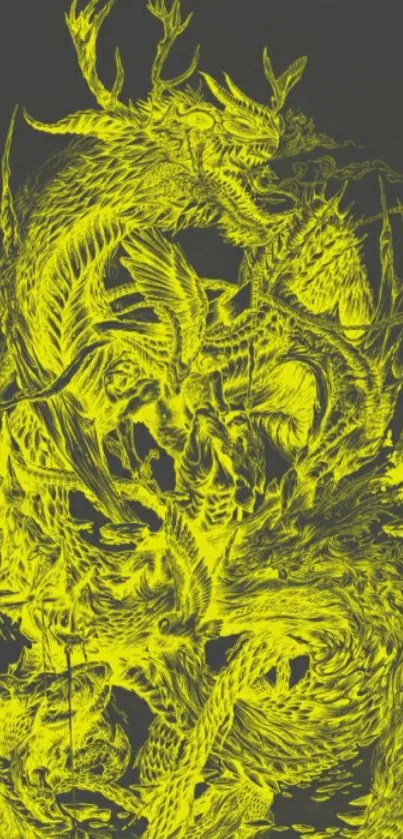 Intricate neon yellow dragon design on a dark background.