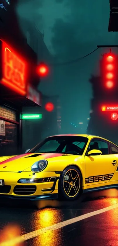 Stylish yellow sports car under neon lights in urban setting.