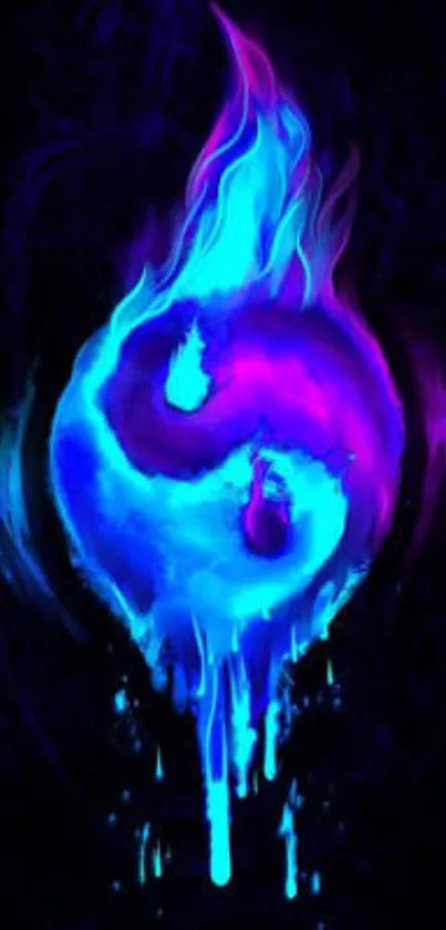 Neon yin yang wallpaper with blue and purple fluid art.