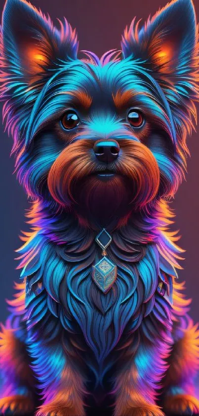 Neon Yorkie dog with glowing fur in digital art wallpaper.