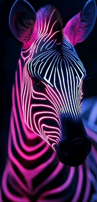 Vibrant neon zebra with glowing stripes on a dark background.