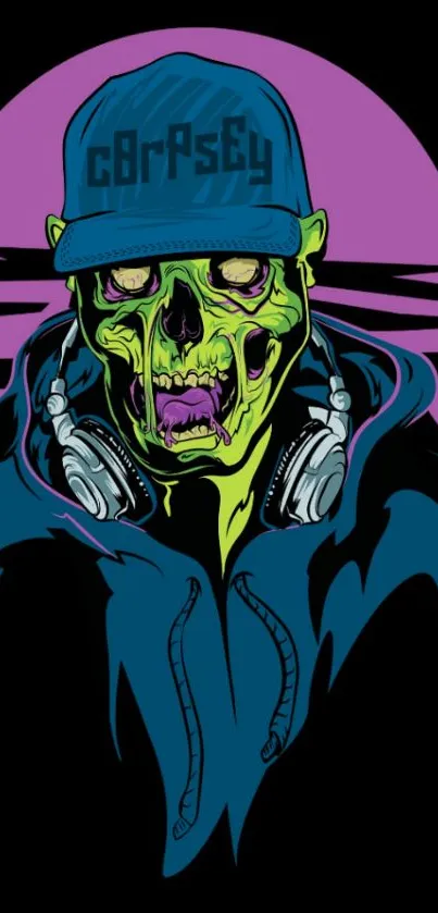 Neon zombie with headphones and a cap in urban style art.