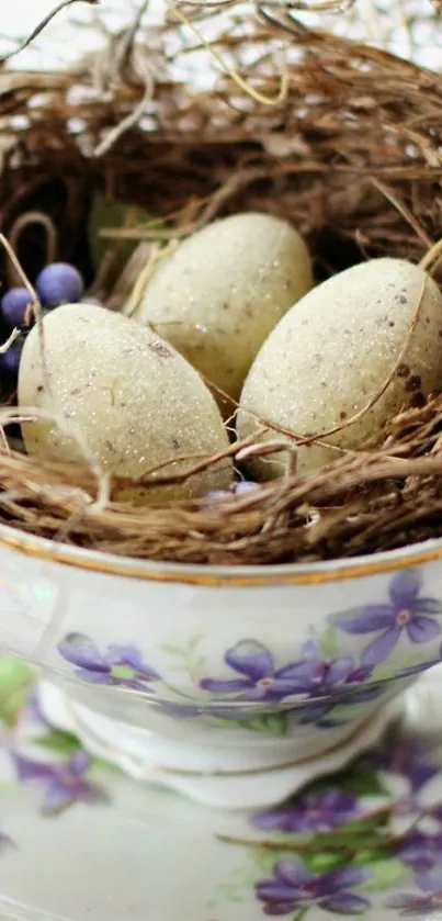 Nest with eggs in a floral teacup on a saucer.